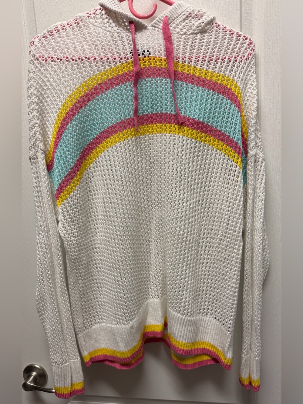 Torrid White Hooded Open-Knit Sweater with Pastel Rainbow Stripes